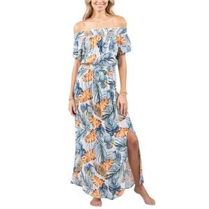 Rip Curl Sayulita Off The Shoulder Maxi Dress Womens Size S Tropical Print Slit